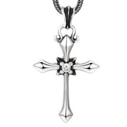 VOYADE S925 Sterling Silber Kreuz Zirkon Anhänger, Herren Gothic Kreuz Anhänger Halskette,Silber,Pendant + Chain 60cm von VOYADE