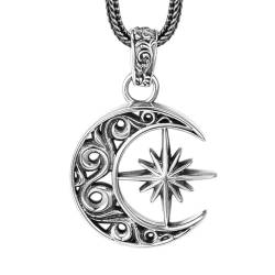 VOYADE S925 Sterling Silber Mond Starburst-Anhänger, Paare Nische Sonne Und Mond Durchbrochene Anhänger Halskette,Silber,Pendant + Chain 65cm von VOYADE