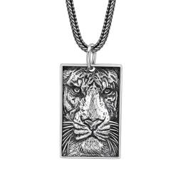 VOYADE S925 Sterling Silber Personalisierter Tiger-Anhänger, Herren-Halskette Mit Dominantem Tigerkopf-Anhänger,Silber,Pendant + Chain 70cm von VOYADE