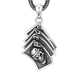 VOYADE S925 Sterling Silber Schädel Spielkarte Anhänger, Herren Personalisierte Clown Anhänger Halskette,Silber,Pendant + Chain 60cm von VOYADE