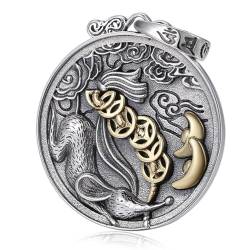 VOYADE S925 Sterling Silber Sternzeichen Ratte Runde Platte Anhänger, Männer Und Frauen Vintage Ratte Auspicious Wolke Anhänger Halskette,Silber,Pendant + Chain 50cm von VOYADE