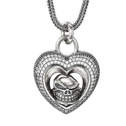 VOYADE S925 Sterling Silber Totenkopf Herz Anhänger, Männer Und Frauen Mode Herz Anhänger Halskette,Silber,Pendant + Chain 65cm von VOYADE