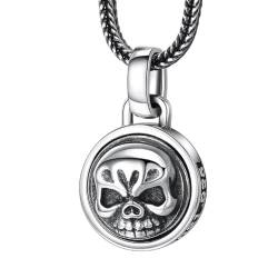 VOYADE S925 Sterling Silber Vintage Totenkopf Anhänger, Männer Totenkopf Drehbarer Anhänger Halskette,Silber,Pendant + Chain 70cm von VOYADE