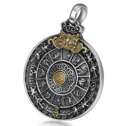 VOYADE S925 Sterling Silber Zodiac Anhänger, Herren Sechs Zeichen Wahrheit Neun Palast Acht Trigramme Anhänger Halskette,Silber,Pendant + Chain 55cm von VOYADE