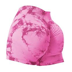 VOYJOY Damen Workout-Shorts 9,1 cm Scrunch Butt Lifting Gym Shorts Nahtlose Yoga Biker Shorts, # 1 Pink (Batikfärbung), Klein von VOYJOY
