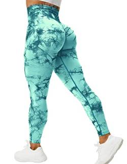 VOYJOY Tie Dye Nahtlose Leggings für Frauen Hohe Taille Yogahose, Scrunch Butt Lifting Elastische Strumpfhosen, #1 Blaugrün, X-Klein von VOYJOY