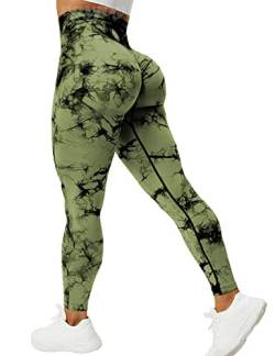 VOYJOY Tie Dye Nahtlose Leggings für Frauen Hohe Taille Yogahose, Scrunch Butt Lifting Elastische Strumpfhosen, Grün (Army Green), M von VOYJOY