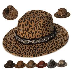 VPbao Damen Herren Fedora Hut mit Leder & Perle Schnalle breite Krempe Cosplay Panama Cap (37 Farben) Gr. 56, Filz Leopard Khaki von VPbao