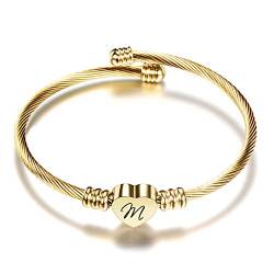 VQYSKODamen Mädchen Herz Armband Armkette-Rostfreier Stahl Initiale Armband Mit Gravur Damen, Golden/Stahlfarbe/Roségold/Brief Frauen Armreif(Golden-J) von VQYSKO