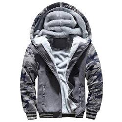 VSUSN Herren Kapuzenpullover mit Reißverschluss, Langarm Kapuzenjacke, Winter Warm Fleece-Innenseite Sweatshirt, Plus Dicke Fleecejacke, Sweatjacke Mit Kapuze(Camouflage&Grau, S) von VSUSN