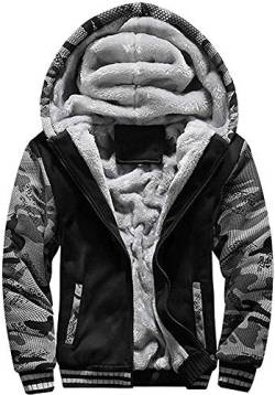 VSUSN Herren Kapuzenpullover mit Reißverschluss, Langarm Kapuzenjacke, Winter Warm Fleece-Innenseite Sweatshirt, Plus Dicke Fleecejacke, Sweatjacke Mit Kapuze(Camouflage&schwarz, S) von VSUSN