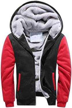 VSUSN Herren Kapuzenpullover mit Reißverschluss, Langarm Kapuzenjacke, Winter Warm Fleece-Innenseite Sweatshirt, Plus Dicke Fleecejacke, Sweatjacke Mit Kapuze(Schwarz&Rot, L) von VSUSN