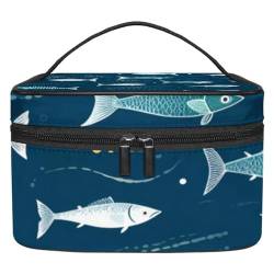 Make up Taschen für Damen,Kulturbeutel für Herren,Blauer Karikatur Weinlese Ozean Fisch,Reise Kosmetiktasche von VTGHDEEQ