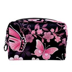 Make up Taschen für Damen,Kulturbeutel für Herren,Blumen rosa Blumen Schmetterlinge,Reise Kosmetiktasche von VTGHDEEQ