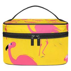 Make up Taschen für Damen,Kulturbeutel für Herren,Flamingo auf gelbem Hintergrund,Reise Kosmetiktasche von VTGHDEEQ