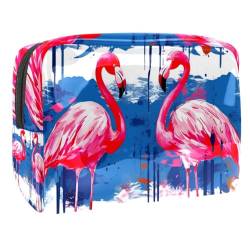 Reise Kulturbeutel,kleine Make up Tasche,Blauer Streifen rosa Flamingo,Make up Taschen für Frauen von VTGHDEEQ