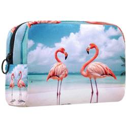 Reise Kulturbeutel,kleine Make up Tasche,Flamingos Sandstrand Sommer,Make up Taschen für Frauen von VTGHDEEQ