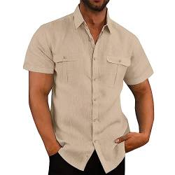 VUIOYRG Stretch-Kurzarmhemd mit Taschen, Sommer-Freizeithemden aus Baumwolle mit Knopfleiste für Herren, Schlichtes, lässiges Business-Hemd mit normaler Passform (Aprikose,M) von VUIOYRG
