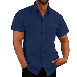 VUIOYRG Stretch-Kurzarmhemd mit Taschen, Sommer-Freizeithemden aus Baumwolle mit Knopfleiste für Herren, Schlichtes, lässiges Business-Hemd mit normaler Passform (Dunkelblau,3XL) von VUIOYRG