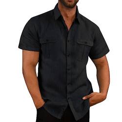VUIOYRG Stretch-Kurzarmhemd mit Taschen, Sommer-Freizeithemden aus Baumwolle mit Knopfleiste für Herren, Schlichtes, lässiges Business-Hemd mit normaler Passform (Schwarz,M) von VUIOYRG