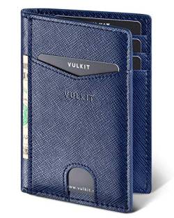 VULKIT Kartenetui Herren Geldbörse Leder mit RFID NFC Schutz Slim Wallet Karten Portemonnaie mit 10 Kartenfächern (Cross Blau) von VULKIT