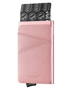 VULKIT Kartenetui RFID NFC Schutz mit Fäche aus Leder Kartenetui Damen Slim Pop Up Kreditkartenetui Damen Metall Klein Kartenhalter für 5-9 Karten, Rose von VULKIT