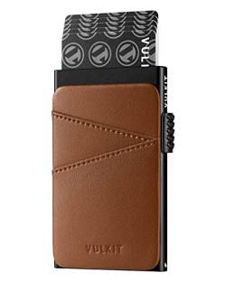 VULKIT Kreditkartenetui Herren Metall mit Fäche aus Leder Automatisch Pop Up Kartenetui Herren Slim Kartenetui RFID NFC Schutz Klein Kartenhalter für 5-9 Karten, Braun von VULKIT