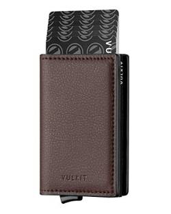 VULKIT Kreditkartenetui für Herren Geldbörse Leder RFID Schutz Geldbeutel Wallet Klein mit 3 Steckplätzen für 5-7 Karten & Geld, Dunkelbraun von VULKIT