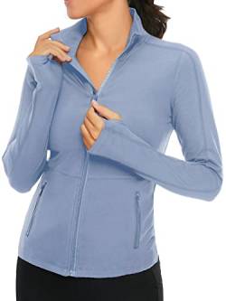 VUTRU Damen Laufjacke Hoher Kragen Leicht Sportjacke Langarm Yoga Shirt Fitness Jacke Atmungsaktive Trainingsjacke mit Daumenlöchern und durchgehendem Reißverschluss Blau Hell M von VUTRU