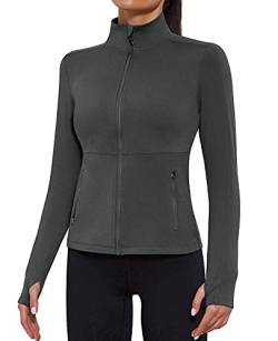 VUTRU Damen Laufjacke Hoher Kragen Leicht Sportjacke Langarm Yoga Shirt Fitness Jacke Atmungsaktive Trainingsjacke mit Daumenlöchern und durchgehendem Reißverschluss Grau L von VUTRU