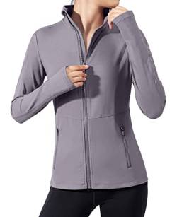 VUTRU Damen Laufjacke Hoher Kragen Leicht Sportjacke Langarm Yoga Shirt Fitness Jacke Atmungsaktive Trainingsjacke mit Daumenlöchern und durchgehendem Reißverschluss Lila Grau XL von VUTRU