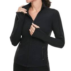 VUTRU Damen Laufjacke Hoher Kragen Leicht Sportjacke Langarm Yoga Shirt Fitness Jacke Atmungsaktive Trainingsjacke mit Daumenlöchern und durchgehendem Reißverschluss Schwarz XL von VUTRU