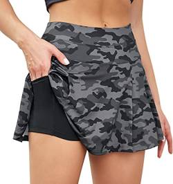 VUTRU Damen Tennisröcke Hohe Taille Tennis Skort mit Taschen Laufröcke Sport Golfrock mit Innenhose Tarnung L von VUTRU