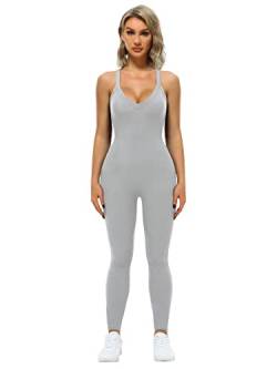 VUTRU Frauen Yoga Gerippte Einteilige Tank Tops Crisscross Rücken V-Ausschnitt Tank Strampler Ärmellose Übung Jumpsuits Grau XL von VUTRU