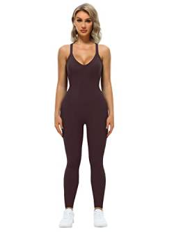 VUTRU Frauen Yoga Gerippte Einteilige Tank Tops Crisscross Rücken V-Ausschnitt Tank Strampler Ärmellose Übung Jumpsuits Kaffeefarbe M von VUTRU