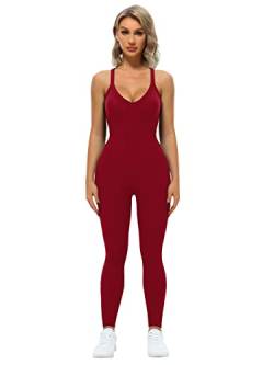 VUTRU Frauen Yoga Gerippte Einteilige Tank Tops Crisscross Rücken V-Ausschnitt Tank Strampler Ärmellose Übung Jumpsuits Rot L von VUTRU