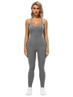 VUTRU Frauen Yoga Gerippte Einteilige Tank Tops Crisscross Rücken V-Ausschnitt Tank Strampler Ärmellose Übung Jumpsuits dunkelgrau L von VUTRU