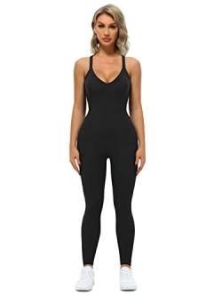 VUTRU Frauen Yoga Gerippte Einteilige Tank Tops Crisscross Rücken V-Ausschnitt Tank Strampler Ärmellose Übung Jumpsuits schwarz A L von VUTRU