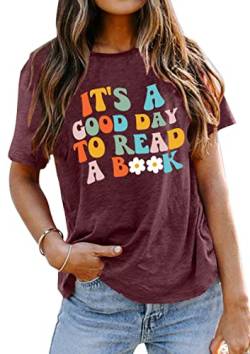 Book Lover Shirts Women It's a Good Day to Read a Book Funny Graphic Print Teacher Tee Tops Bookworm Reading T-Shirt, Rot/Ausflug, einfarbig (Getaway Solids), Mittel von VVNTY