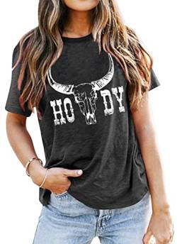 Howdy Cowgirl Shirt Damen Western Vintage Country Southern Graphic Tops T-Shirts Casual Kurzarm T-Shirts, Tiefgrau, Mittel von VVNTY