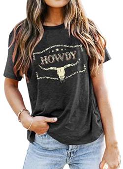 Howdy Cowgirl-Shirt für Damen, Western, Vintage, Land, Südliche Grafik, Tops, T-Shirts, lässig, kurzärmelig, GRAU, Groß von VVNTY