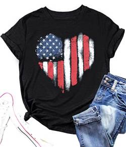 VVNTY Amerikanische Flagge Herz Shirt Frauen Patriotisches T-Shirt 4. Juli Grafik Tees Shirts USA Flagge Star Stripe Tops, Schwarz2, Mittel von VVNTY