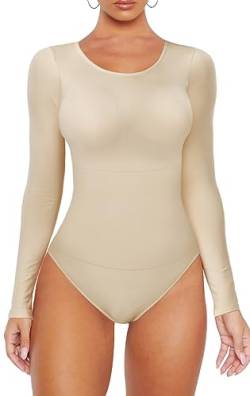 VVX Shapewear Bodysuit für Frauen Bauchkontrolle Langarm Rundhals Tanga Tops Nahtlos Sexy Body Anzüge, Hautfarben, XS-S von VVX