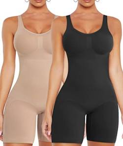 VVX Shorts, Body für Damen, Bauchkontrolle, Shapewear, nahtlos, sexy, Po-Heben, Workout, figurbetont, einteiliger kurzer Jumpsuit, A-2er-Pack, Schwarz + Hautfarben, M-L von VVX