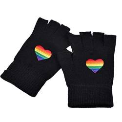 VVXXMO Warme gestrickte fingerlose Handschuhe für Damen und Herren, Regenbogen-Streifen, Herz-Stickerei, Gay Lesben Pride, Hip Hop, Halbfinger-Thermo-Fäustlinge von VVXXMO