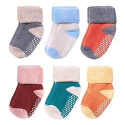 VWU Baby Mädchen Socken Anti Rutsch Dicke Manschette Baumwolle 6er Pack (0-1 Jahre, Grau Grün Weiß Blau Orange ROT) von VWU