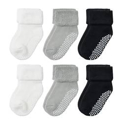 VWU Baby Mädchen Socken Anti Rutsch Dicke Manschette Baumwolle 6er Pack (0-1 Jahre, Grau schwarz weiß) von VWU