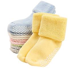 VWU Baby Mädchen Socken Anti Rutsch Dicke Manschette Baumwolle 6er Pack (0-3 Monate, Grau Grün Weiß Blau Gelb Rosa) von VWU