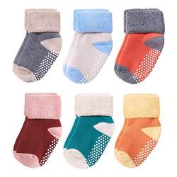 VWU Baby Mädchen Socken Anti Rutsch Dicke Manschette Baumwolle 6er Pack (1-3 Jahre, Grau Grün Weiß Blau Orange ROT) von VWU