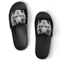 Damen Schlappen Schwarzer Weißer Wolf Badeschuhe rutschfest Badeschlappen Hausschuhe Slides Sandalen Slippers von VYJLOO